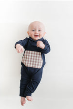 Load image into Gallery viewer, Bamboo Shawl Collar Romper in Midnight + Cinnamon
