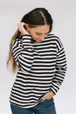 Load image into Gallery viewer, Women's Funnel Neck Sweatshirt in Navy Stripe
